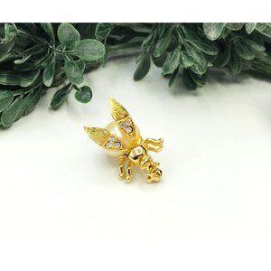 Vintage bug brooch faux pearl body rhinestones wings movable gold tone